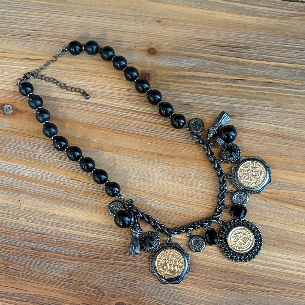 Beaded Coin Charm Statement Necklace